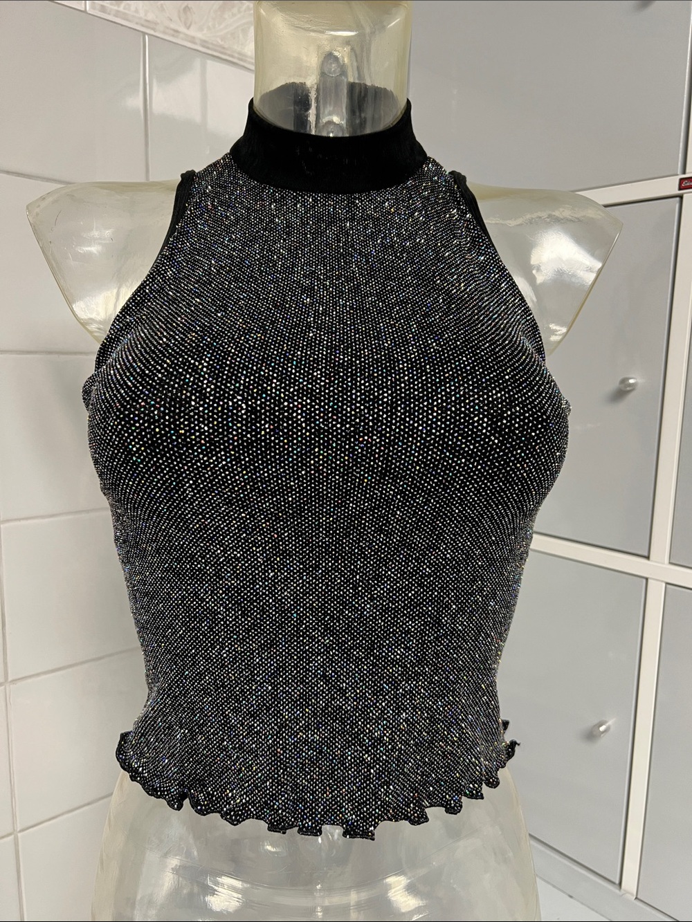90s Holo Glitter Slinky Strappy Halter Bra Top S Rave/Dance EXC/VTG